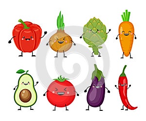 Funny cartoon set of different vegetables. Smiling bell pepper,