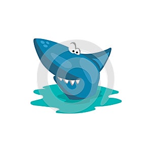 Funny cartoon shark. Comic stupid fish. Isolated character for mobile pirate game. Angry marine animal