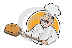 Funny cartoon sign of a baker holding a delicious bread