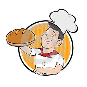 Funny cartoon sign of a baker holding a delicious bread