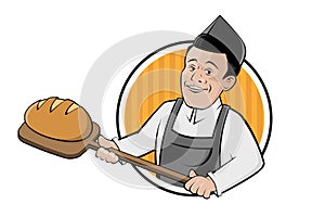 Funny cartoon sign of a baker holding a delicious bread