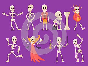 Funny cartoon skeleton. Vector bony character. Human bones illustration skeletal. Set of dead people dancing, standing