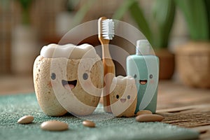 Funny cartoon smiling figures. A set of organic oral care products with emoticons . The concept of environmental hygiene