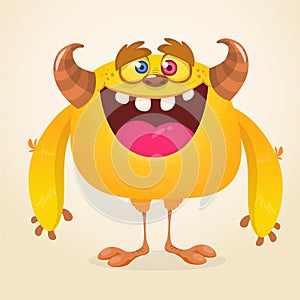 Funny cartoon smiling monster character. Halloween Illustration of happy alien creature. Vector isolated