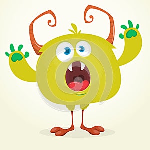 Funny cartoon smiling monster character. Halloween Illustration of happy alien creature. Vector isolated