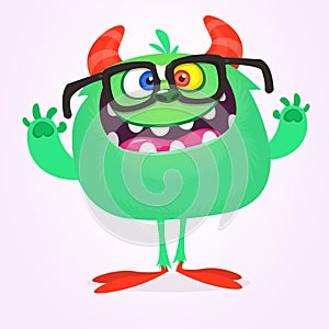 Funny cartoon smiling monster character. Halloween Illustration of happy alien creature. Vector isolated