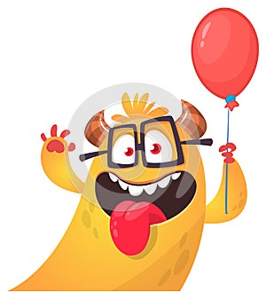 Funny cartoon smiling monster character holding red balloon. Birthday holiday greeting illustration