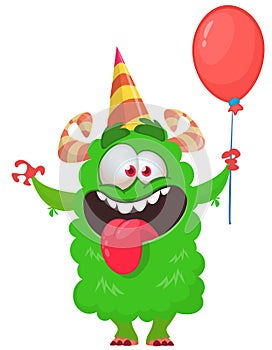 Funny cartoon smiling monster character holding red balloon. Birthday holiday greeting illustration