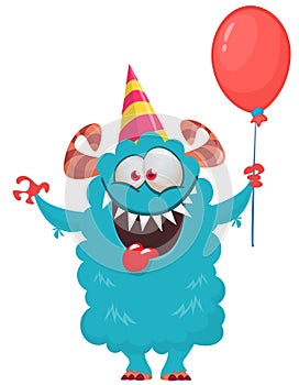 Funny cartoon smiling monster character holding red balloon. Birthday holiday greeting illustration