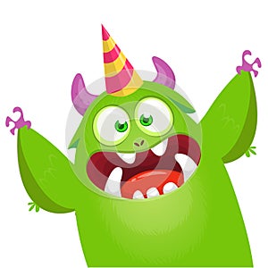 Funny cartoon smiling monster character. Illustration of cute and happy alien creature.