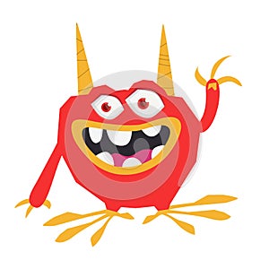 Funny cartoon smiling monster character. Illustration of cute and happy mythical alien creature. Halloween design