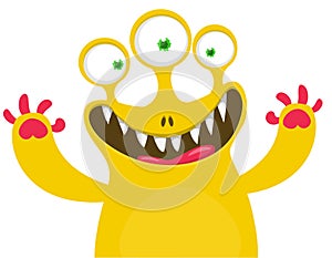 Funny cartoon smiling monster character. Illustration of cute and happy mythical alien creature. Halloween design