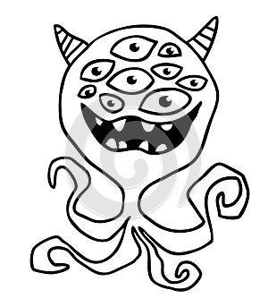 Funny cartoon smiling monster character. Illustration of cute and happy mythical alien creature. Halloween design