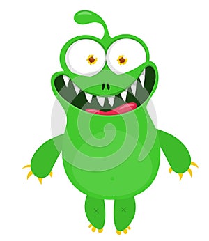 Funny cartoon smiling monster character. Illustration of cute and happy mythical alien creature. Halloween design