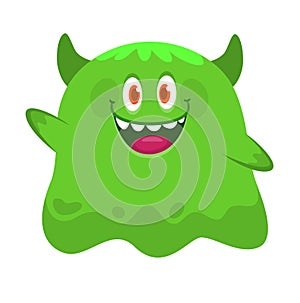 Funny cartoon smiling monster character. Illustration of cute and happy mythical alien creature. Halloween design