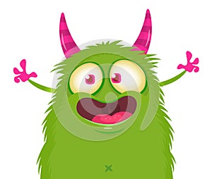 Funny cartoon smiling monster character pop up and waving hands. Illustration of happy alien. Halloween party design. Vector