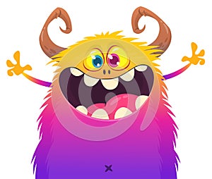 Funny cartoon smiling monster character pop up and waving hands. Illustration of happy alien. Halloween party design. Vector