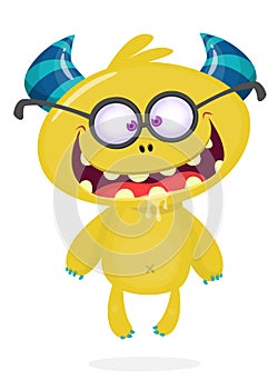 Funny cartoon smiling monster creature. Halloween Illustration of happy alien character. Vector isolated