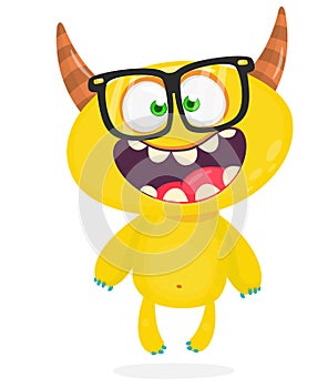 Funny cartoon smiling monster creature. Halloween Illustration of happy alien character. Vector isolated