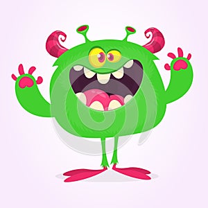 Funny cartoon smiling monster character. Halloween Illustration of happy alien creature. Vector isolated