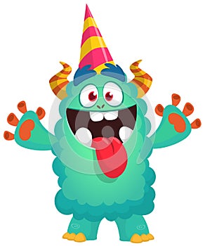 Funny cartoon smiling monster waving hands and wearing birthday hat.