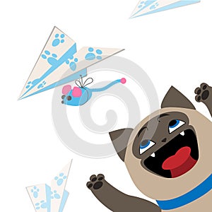 Funny cartoon smiling siamese cat and toy mouse on white background kids vector illustration