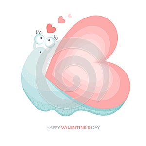 Funny cartoon snail with a house in the shape of a heart. A cute animal with a pink heart. Happy Valentine s day