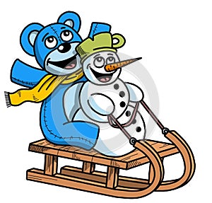 Funny cartoon snowman and bear illustration, Chritmas theme