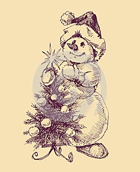 Funny cartoon snowman and Christmas tree