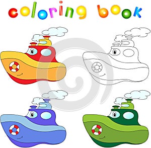 Funny cartoon steamship. Coloring book for children photo