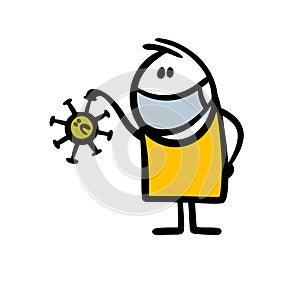 Funny cartoon stickman character in medical mask holds a defeated covid virus in his hand.