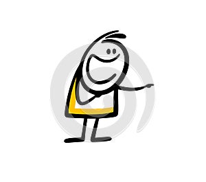 Funny cartoon stickman points with finger to the right and laughing.