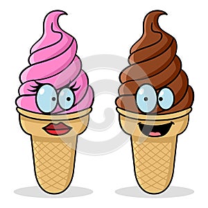 Funny cartoon of strawberry and chocolate flavor ice cream