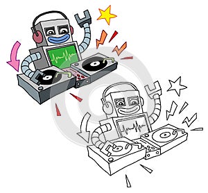 Funny Cartoon style deejay robot playing turntables photo