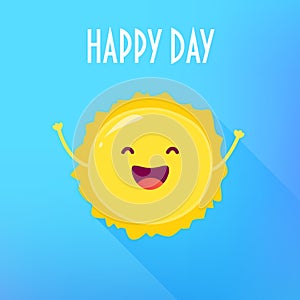 Funny cartoon sun raises hands up and smiles. Happy Day card. Flat style. Vector illustration