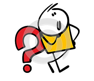 Funny cartoon thoughtful stickman is leaning on a question mark and thinking. Vector illustration of caricature smart