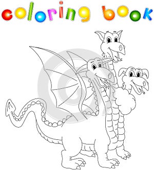 Funny cartoon three headed dragon. Coloring book for kids