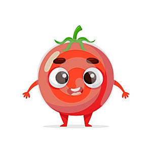 Funny cartoon tomato. Kawaii vegetable character. Vector food illustration isolated on white background