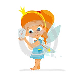 Funny cartoon tooth fairy holding tooth.