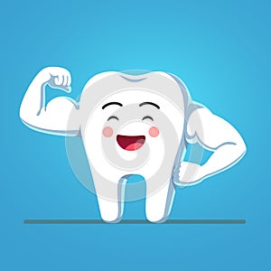 Funny cartoon tooth showing sturdy enamel biceps