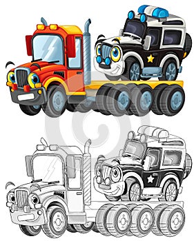 Funny cartoon tow truck driver and other vehicle car isolated