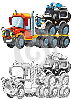 Funny cartoon tow truck driver and other vehicle car isolated