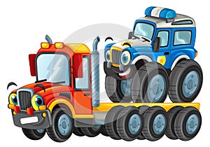 Funny cartoon tow truck driver and other vehicle car isolated illustration