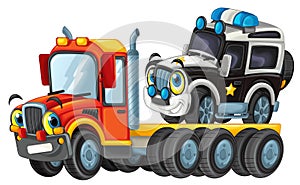 Funny cartoon tow truck driver and other vehicle car isolated illustration