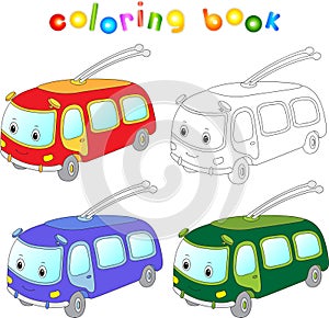 Funny cartoon trolleybus. Coloring book for kids