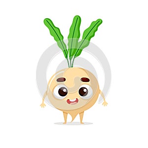 Funny cartoon turnip. Kawaii vegetable character. Vector food illustration isolated on white background