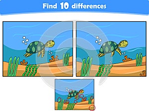 Funny cartoon turtle. Find 10 differences. Kids Education games. Cartoon vector illustration