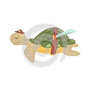 Funny cartoon turtle pirate in a hat with a sword colorful character vector Illustration