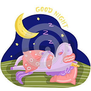 Funny cartoon unicorn character sleeping on the bed at night, Good night design element for cards, posters vector