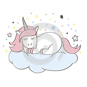 Funny cartoon unicorn character sleeping on a cloud for cards, posters, t-shirt prints, textile design.